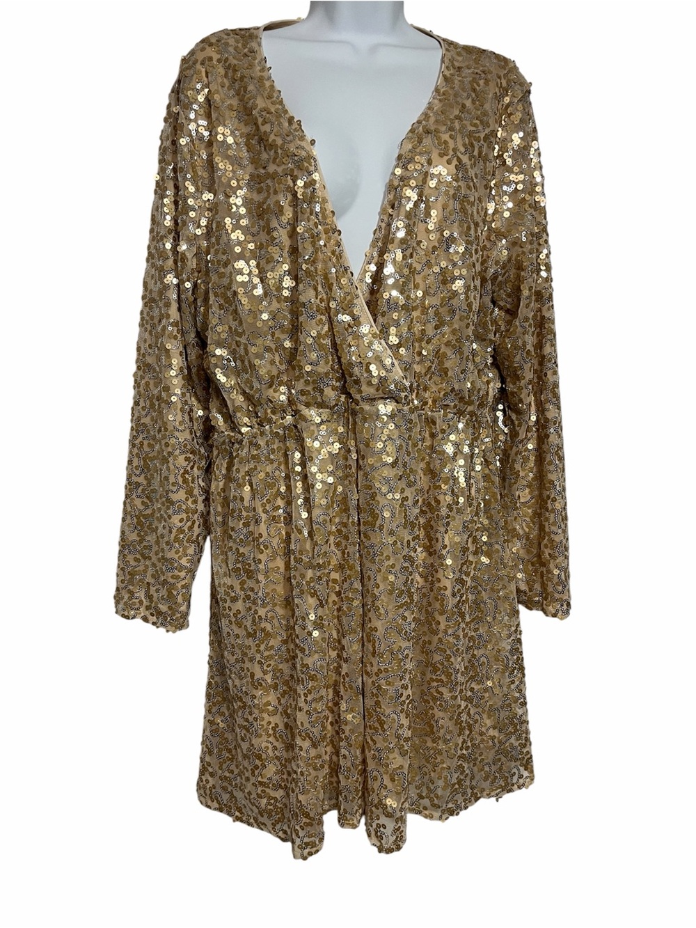 Gold Metalic Full Sequin Wrap Dress Plus Size 16 Elastic Concert Costume Sparkle